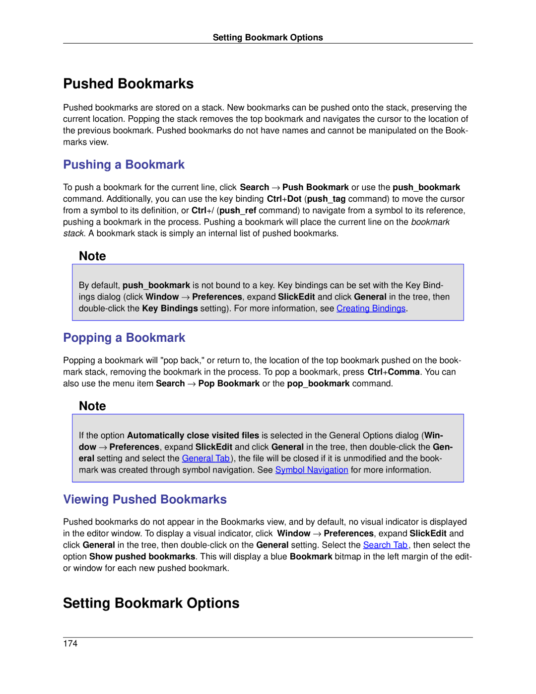 Slick V3.3 manual Setting Bookmark Options, Pushing a Bookmark, Popping a Bookmark, Viewing Pushed Bookmarks 