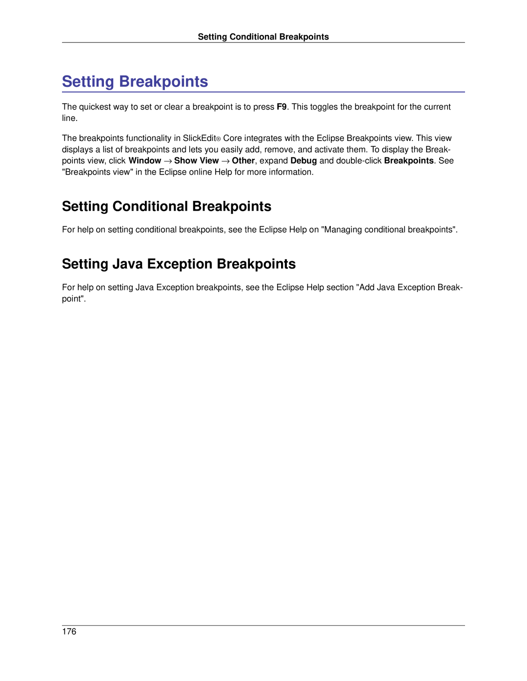 Slick V3.3 manual Setting Breakpoints, Setting Conditional Breakpoints, Setting Java Exception Breakpoints 