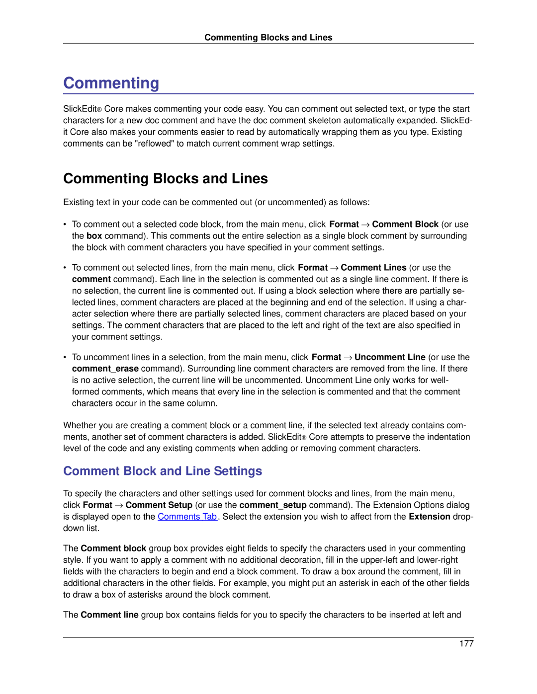 Slick V3.3 manual Commenting Blocks and Lines, Comment Block and Line Settings 