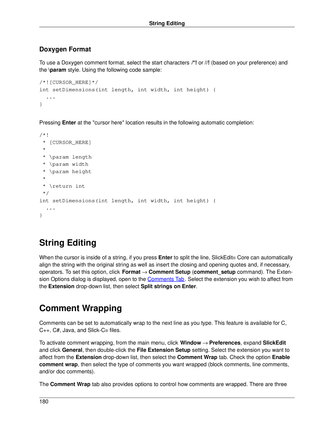 Slick V3.3 manual String Editing, Comment Wrapping, Doxygen Format 