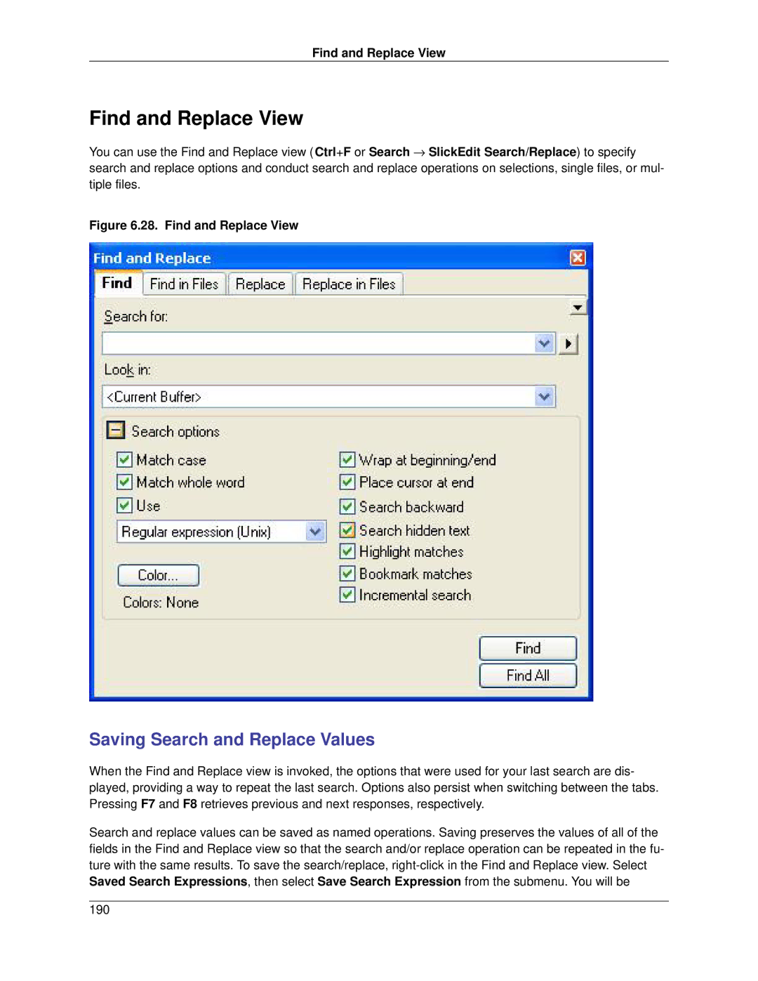 Slick V3.3 manual Find and Replace View, Saving Search and Replace Values 