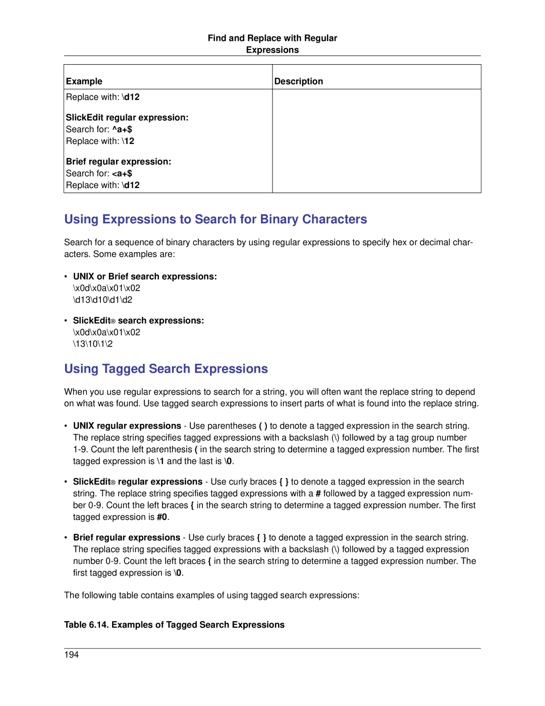 Slick V3.3 manual Using Expressions to Search for Binary Characters, Using Tagged Search Expressions 