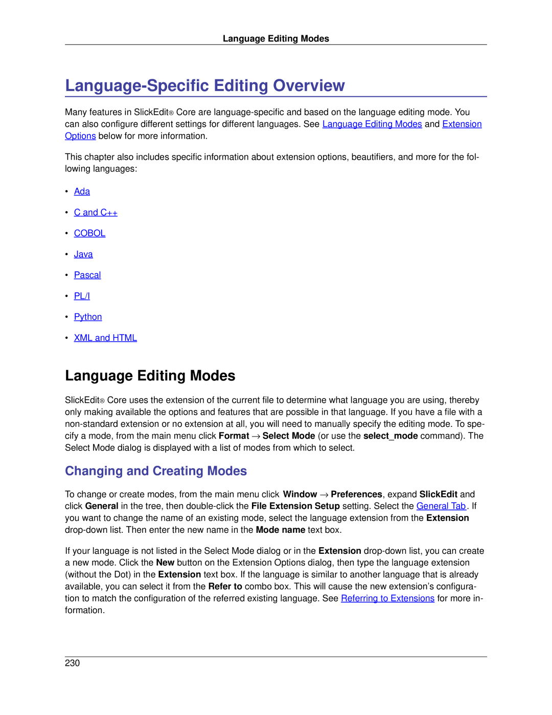 Slick V3.3 manual Language-Specific Editing Overview, Language Editing Modes, Changing and Creating Modes 