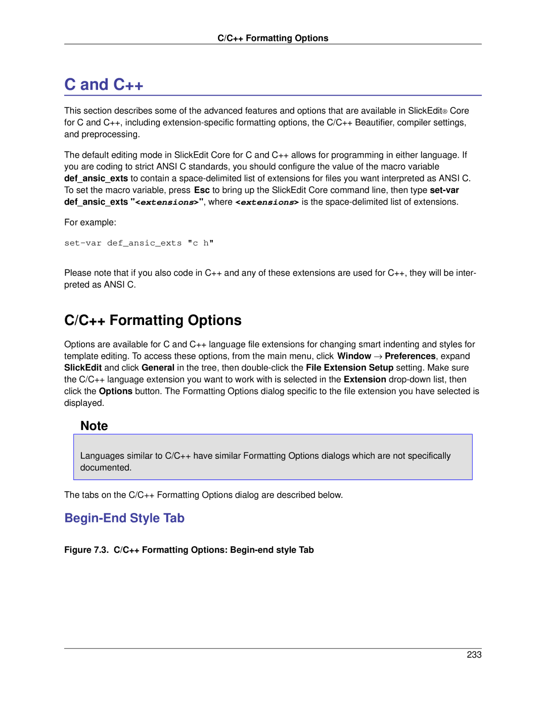 Slick V3.3 manual C++, ++ Formatting Options, Begin-End Style Tab 