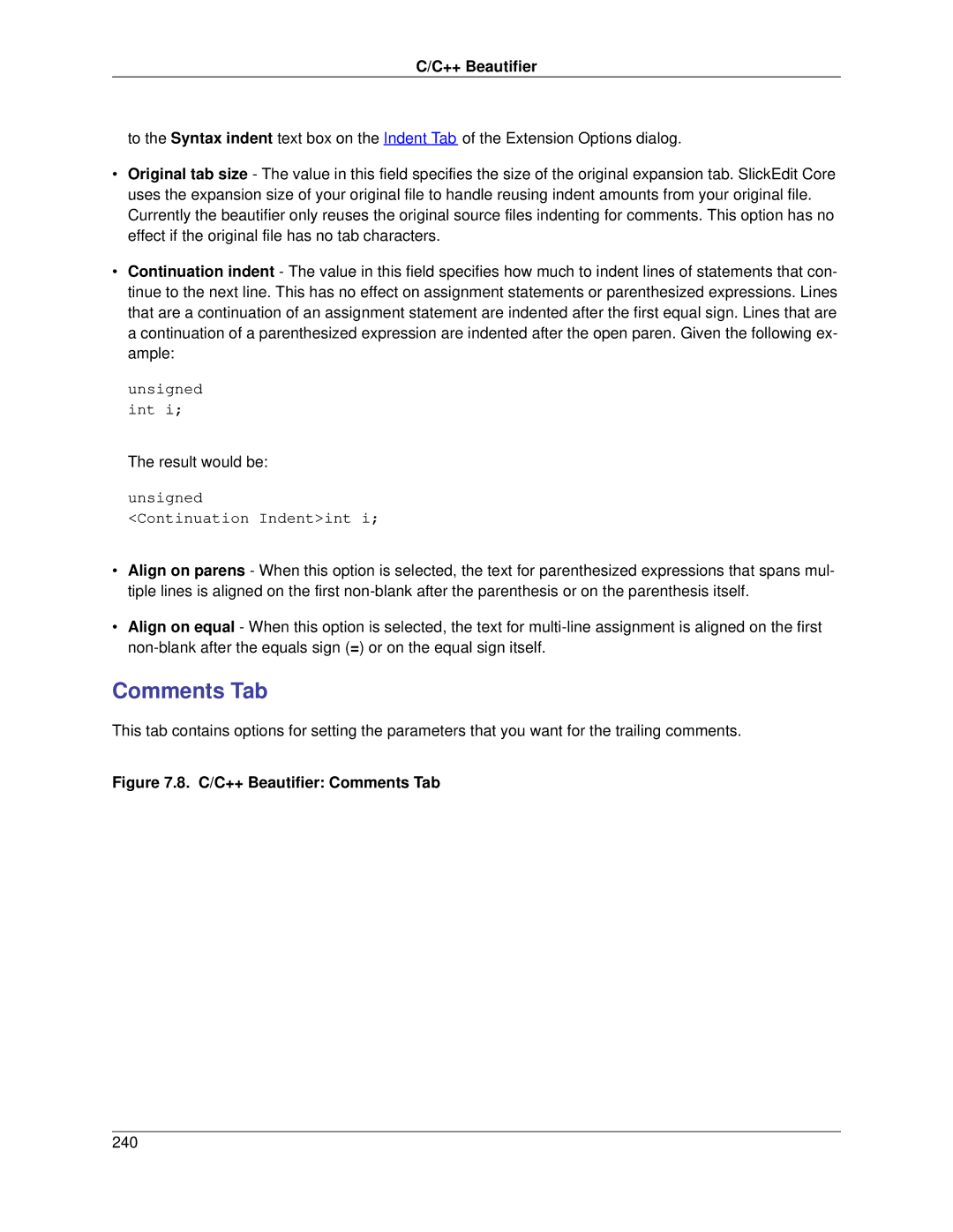Slick V3.3 manual C/C++ Beautifier Comments Tab 