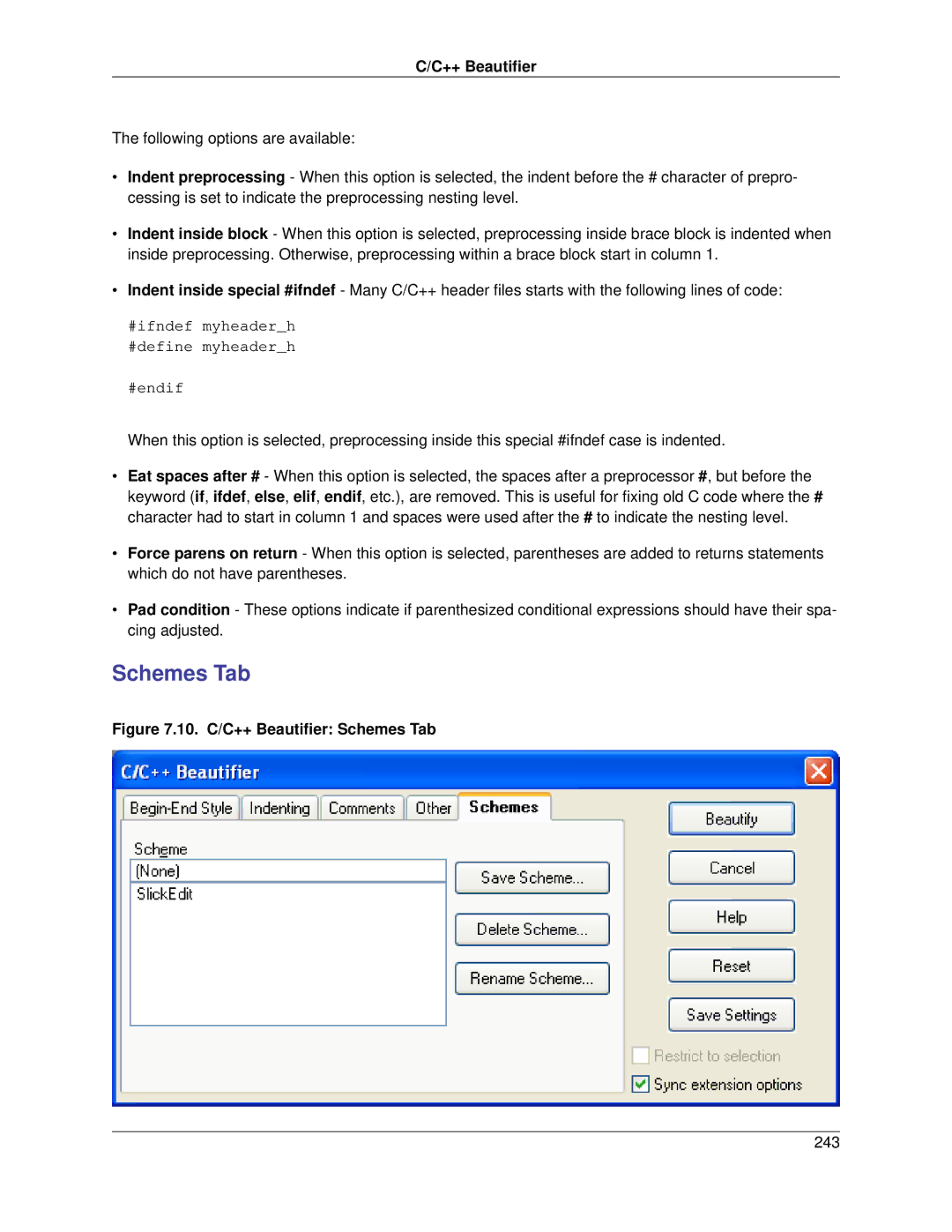 Slick V3.3 manual 10. C/C++ Beautifier Schemes Tab 