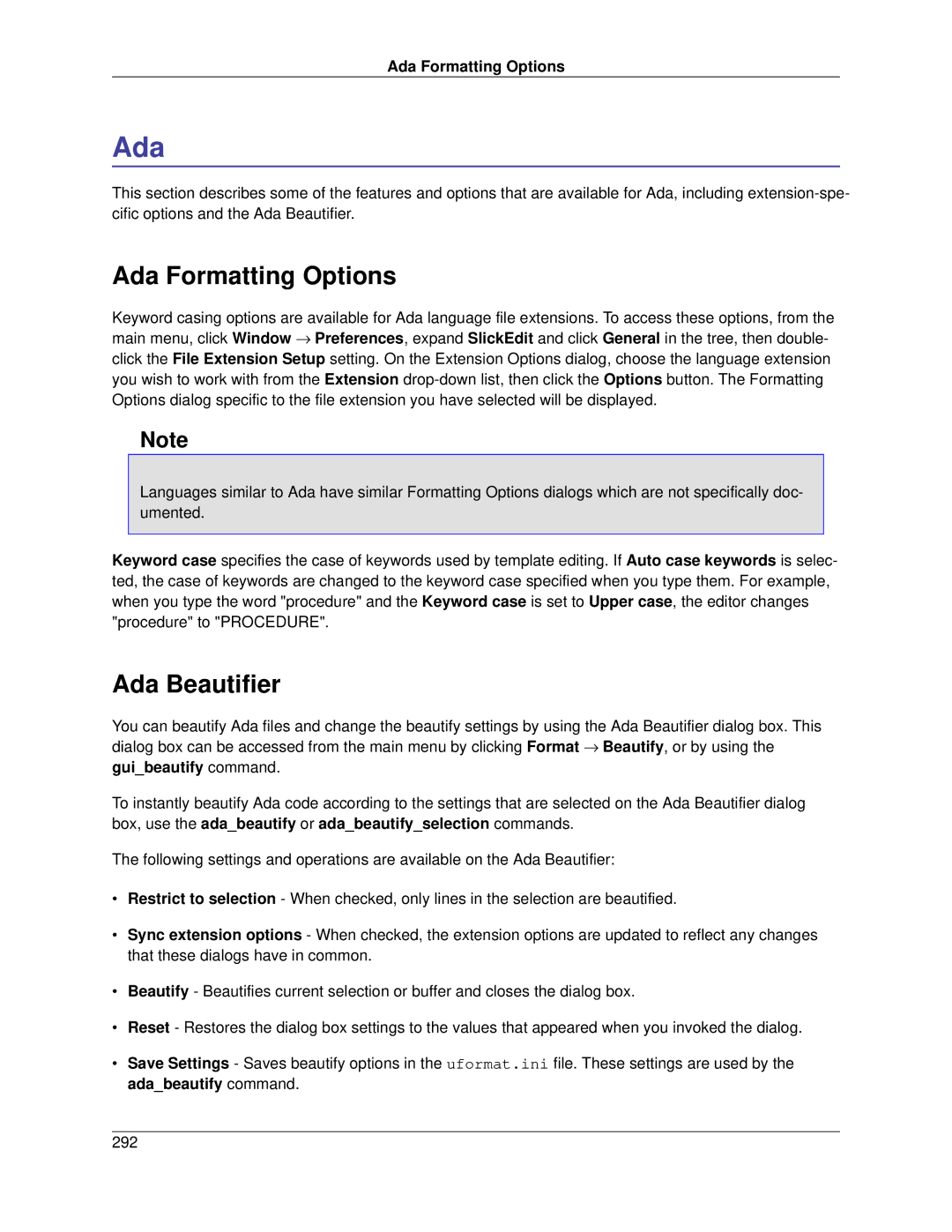 Slick V3.3 manual Ada Formatting Options, Ada Beautifier 