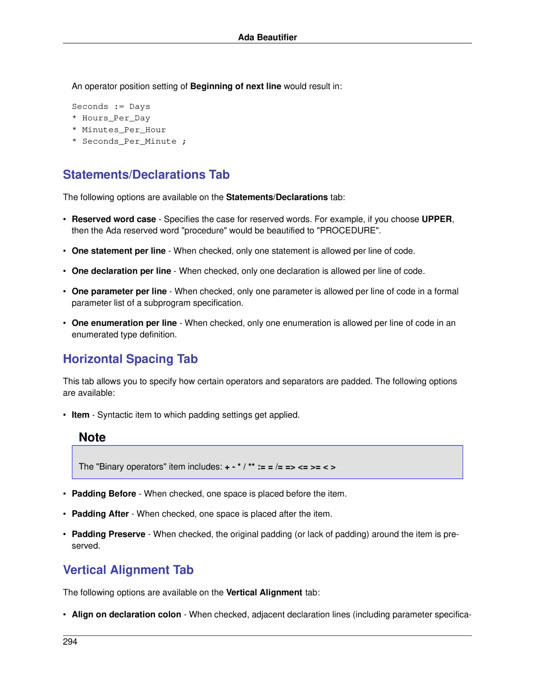 Slick V3.3 manual Statements/Declarations Tab, Horizontal Spacing Tab, Vertical Alignment Tab 