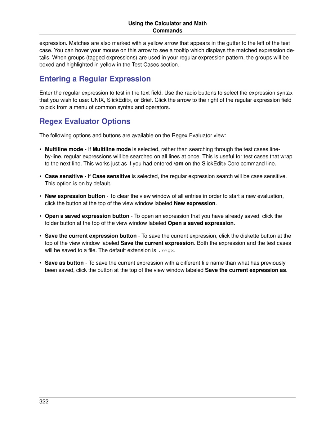 Slick V3.3 manual Entering a Regular Expression, Regex Evaluator Options, Using the Calculator and Math Commands 