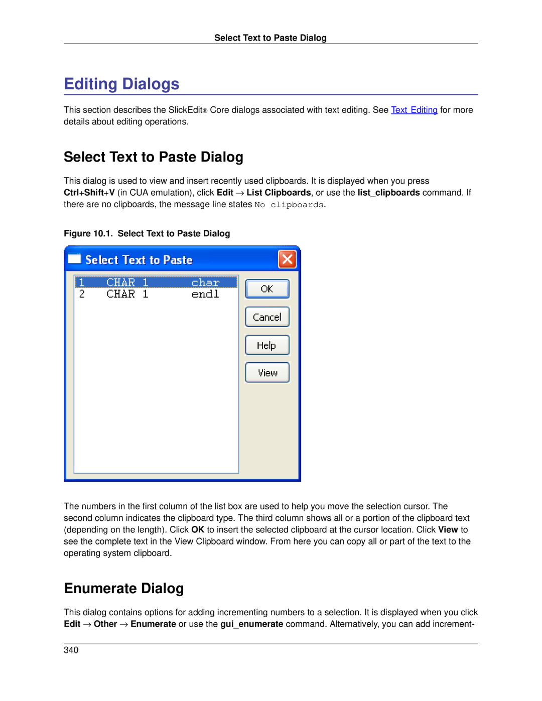 Slick V3.3 manual Editing Dialogs, Select Text to Paste Dialog, Enumerate Dialog 