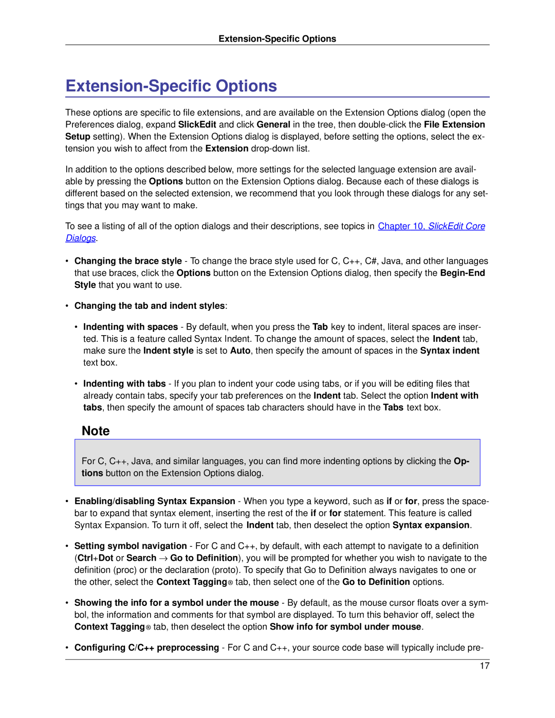 Slick V3.3 manual Extension-Specific Options, Changing the tab and indent styles 