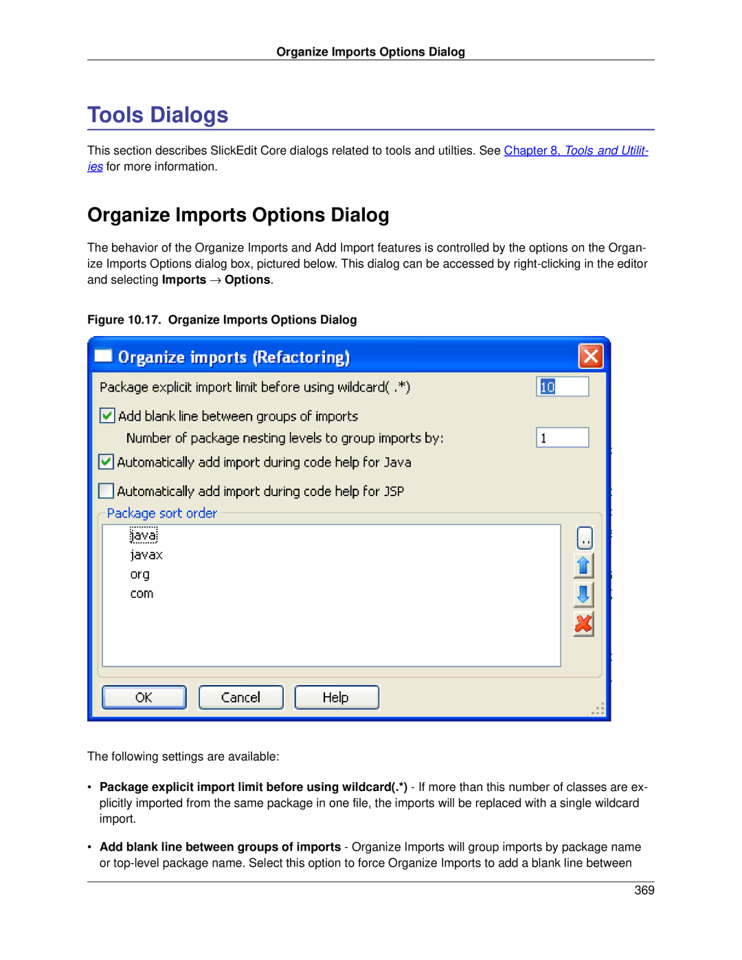 Slick V3.3 manual Tools Dialogs, Organize Imports Options Dialog 