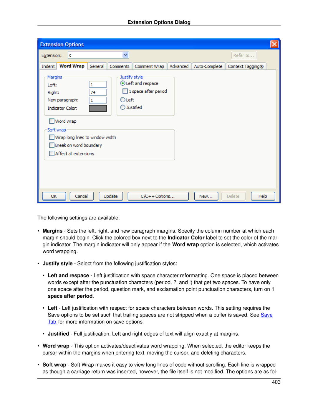 Slick V3.3 manual Extension Options Dialog 