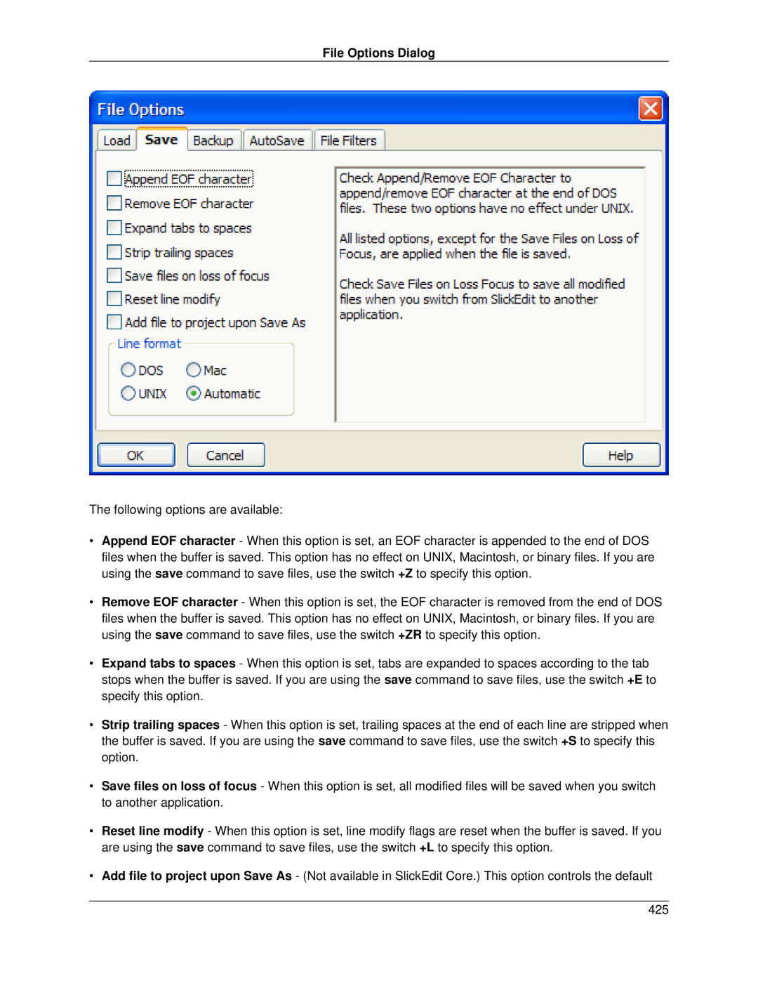 Slick V3.3 manual File Options Dialog 