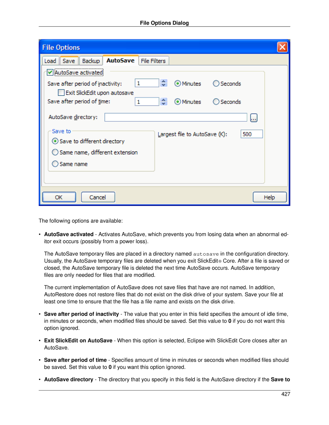 Slick V3.3 manual File Options Dialog 