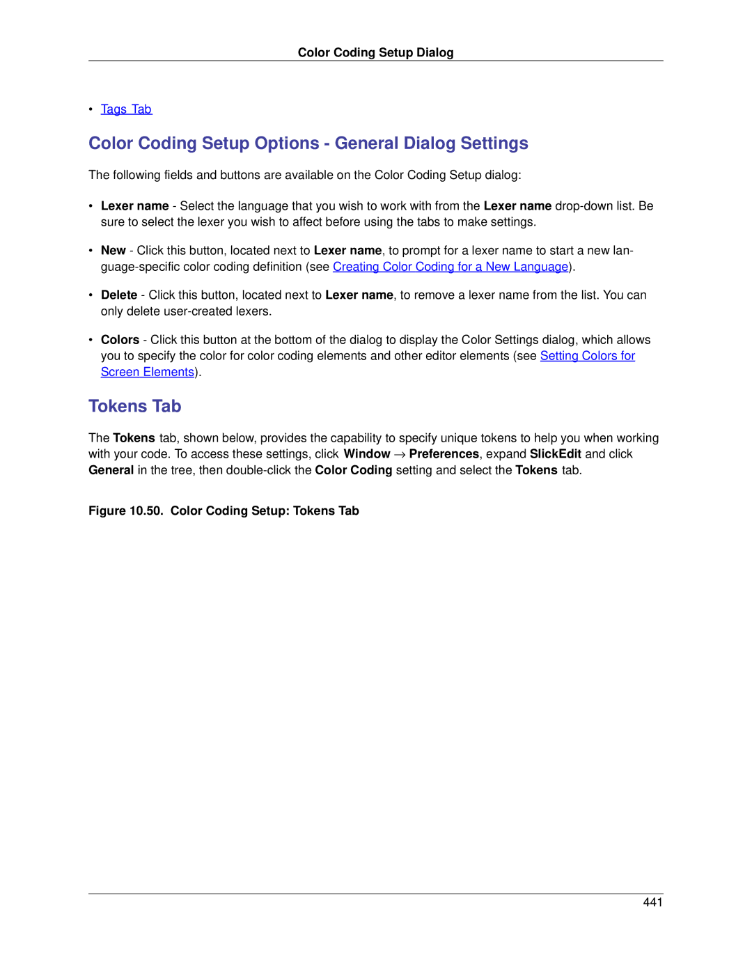 Slick V3.3 manual Color Coding Setup Options General Dialog Settings, Tokens Tab 