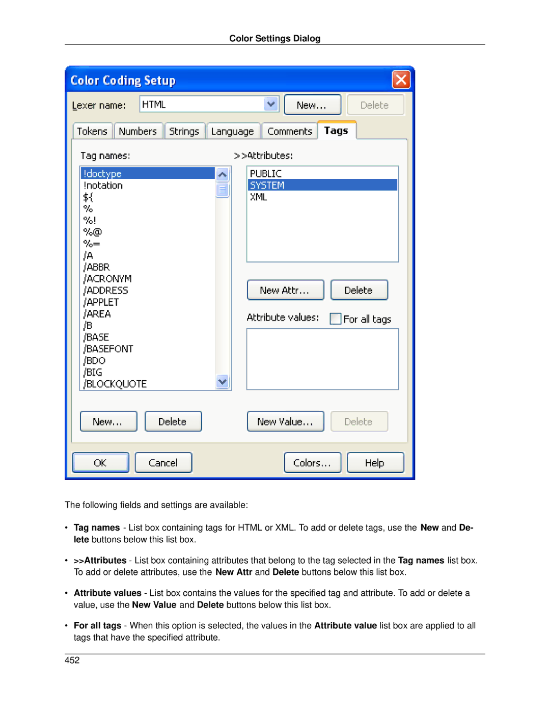 Slick V3.3 manual Color Settings Dialog 