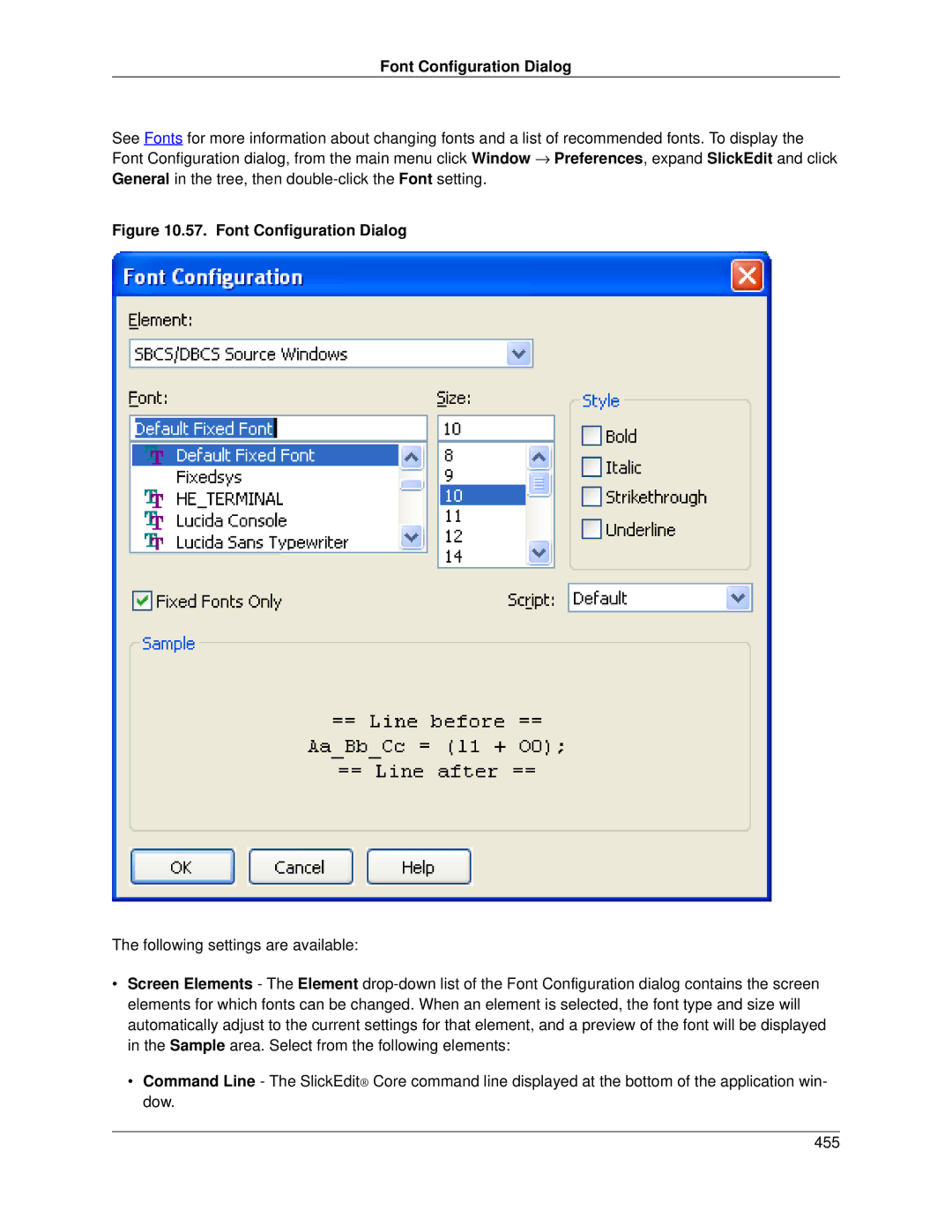 Slick V3.3 manual Font Configuration Dialog 