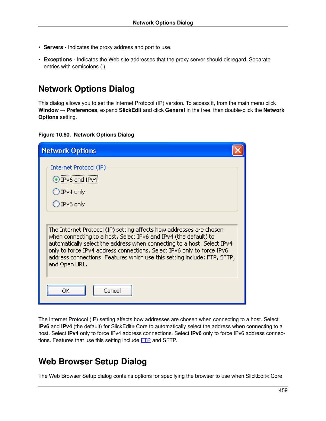 Slick V3.3 manual Network Options Dialog, Web Browser Setup Dialog 