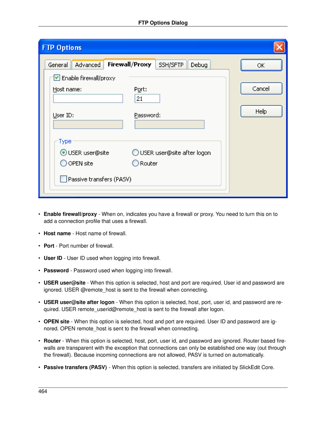 Slick V3.3 manual FTP Options Dialog 