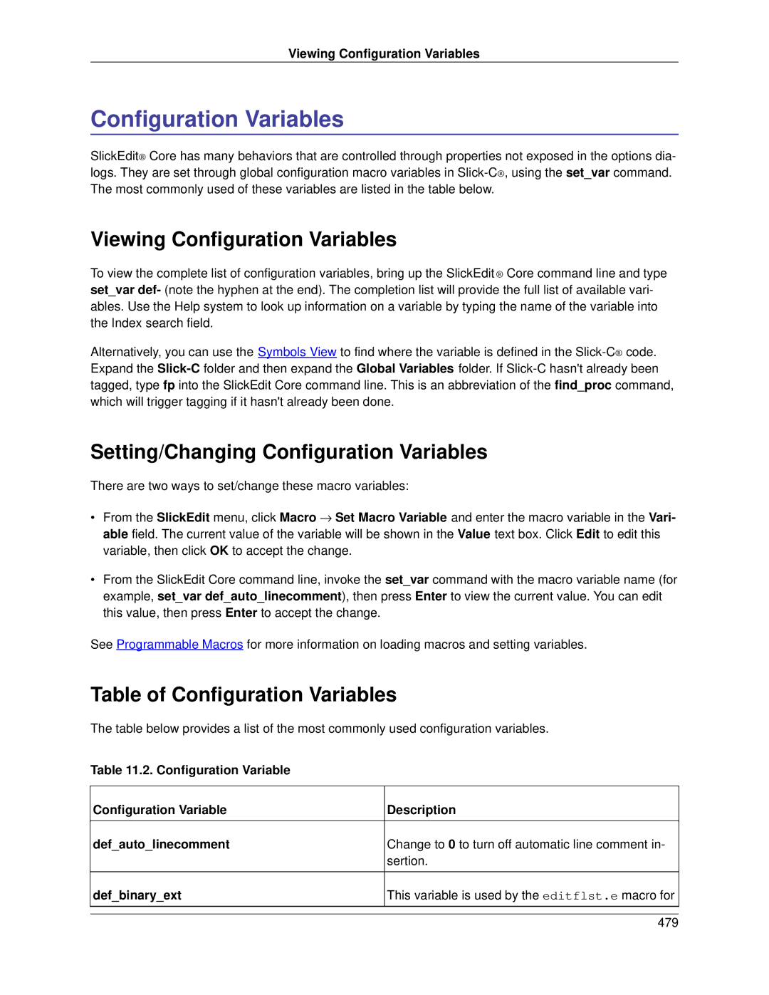 Slick V3.3 Viewing Configuration Variables, Setting/Changing Configuration Variables, Table of Configuration Variables 