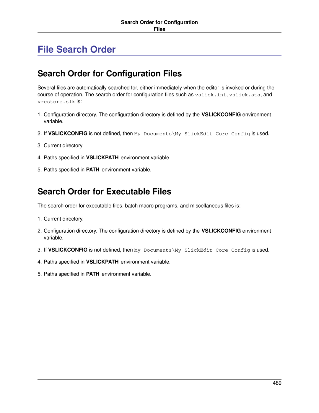 Slick V3.3 manual File Search Order, Search Order for Configuration Files, Search Order for Executable Files 