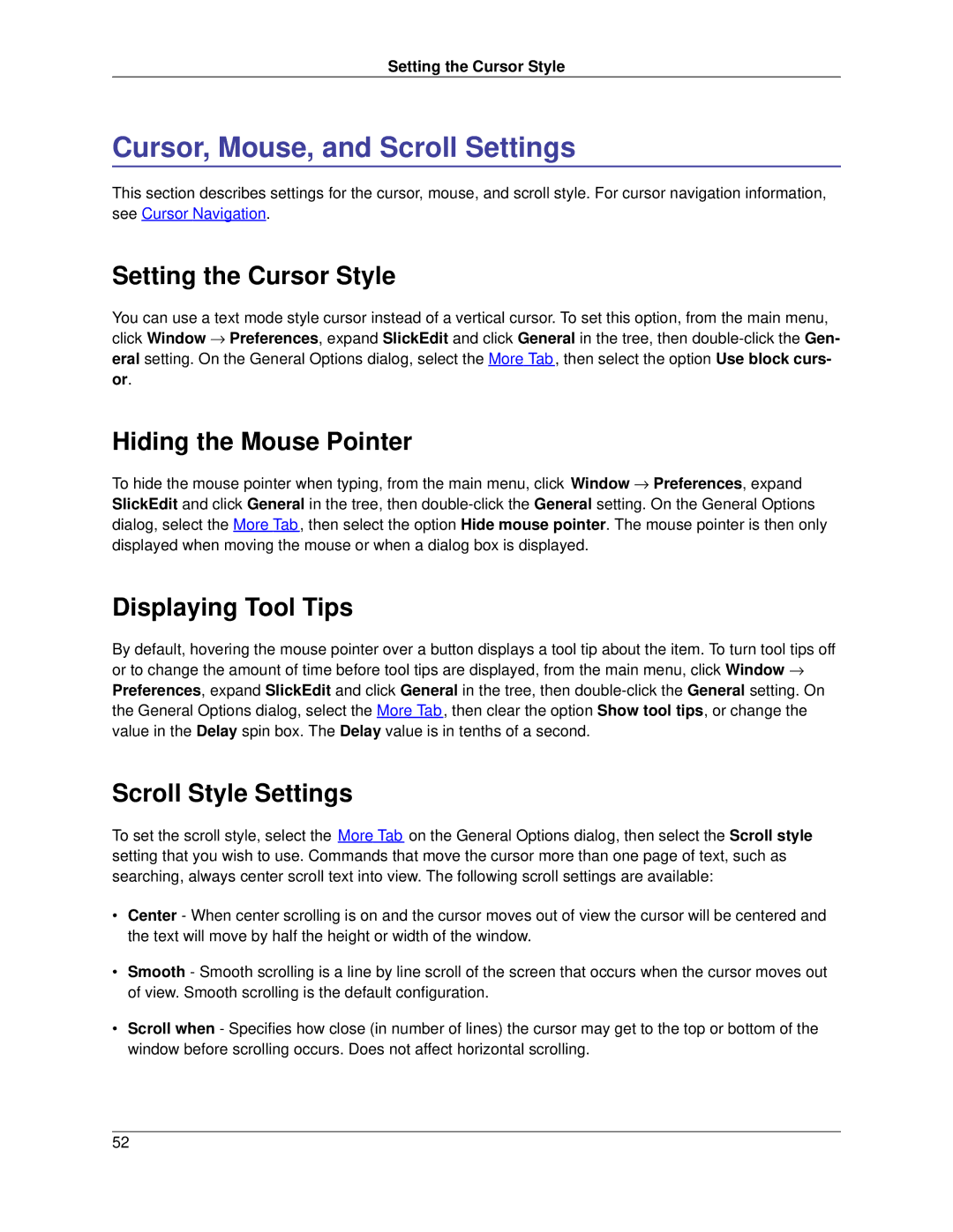 Slick V3.3 Cursor, Mouse, and Scroll Settings, Setting the Cursor Style, Hiding the Mouse Pointer, Displaying Tool Tips 