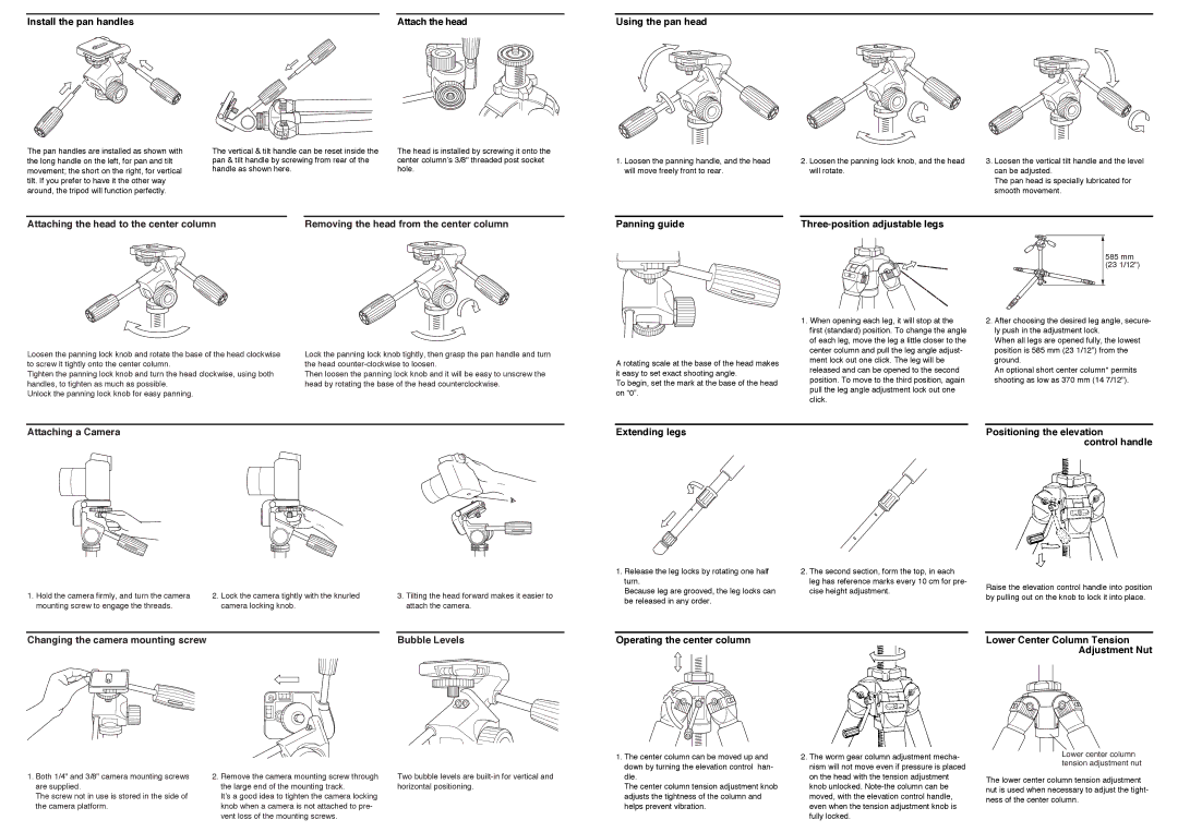 SLIK LE manual Install the pan handles Attach the head, Attaching the head to the center column, Using the pan head 