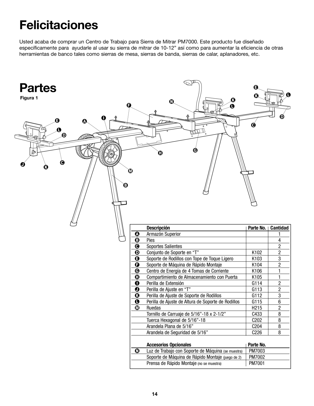 SLIK PM7000 manual Felicitaciones, Partes, Descripción, Accesorios Opcionales 