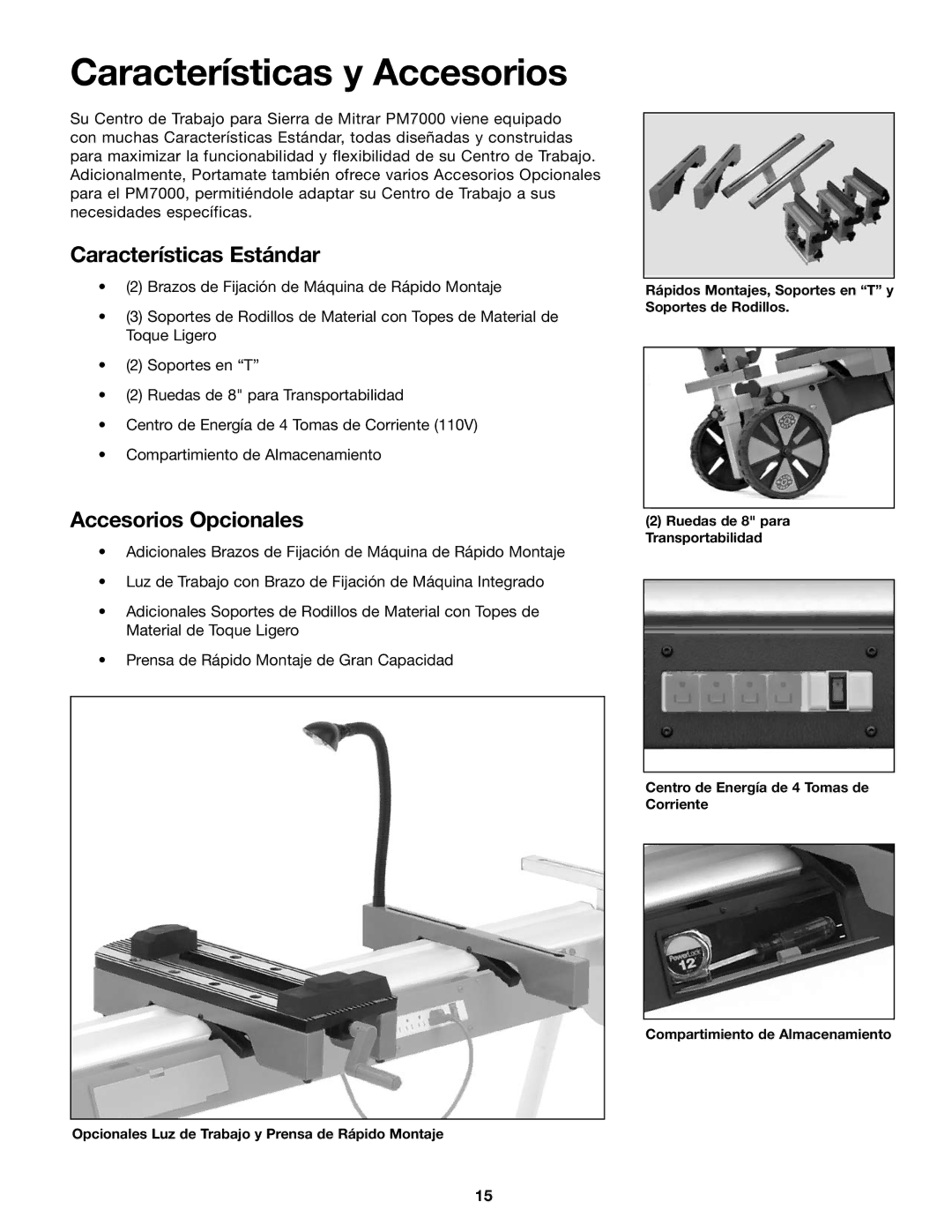 SLIK PM7000 manual Características y Accesorios, Características Estándar, Accesorios Opcionales 