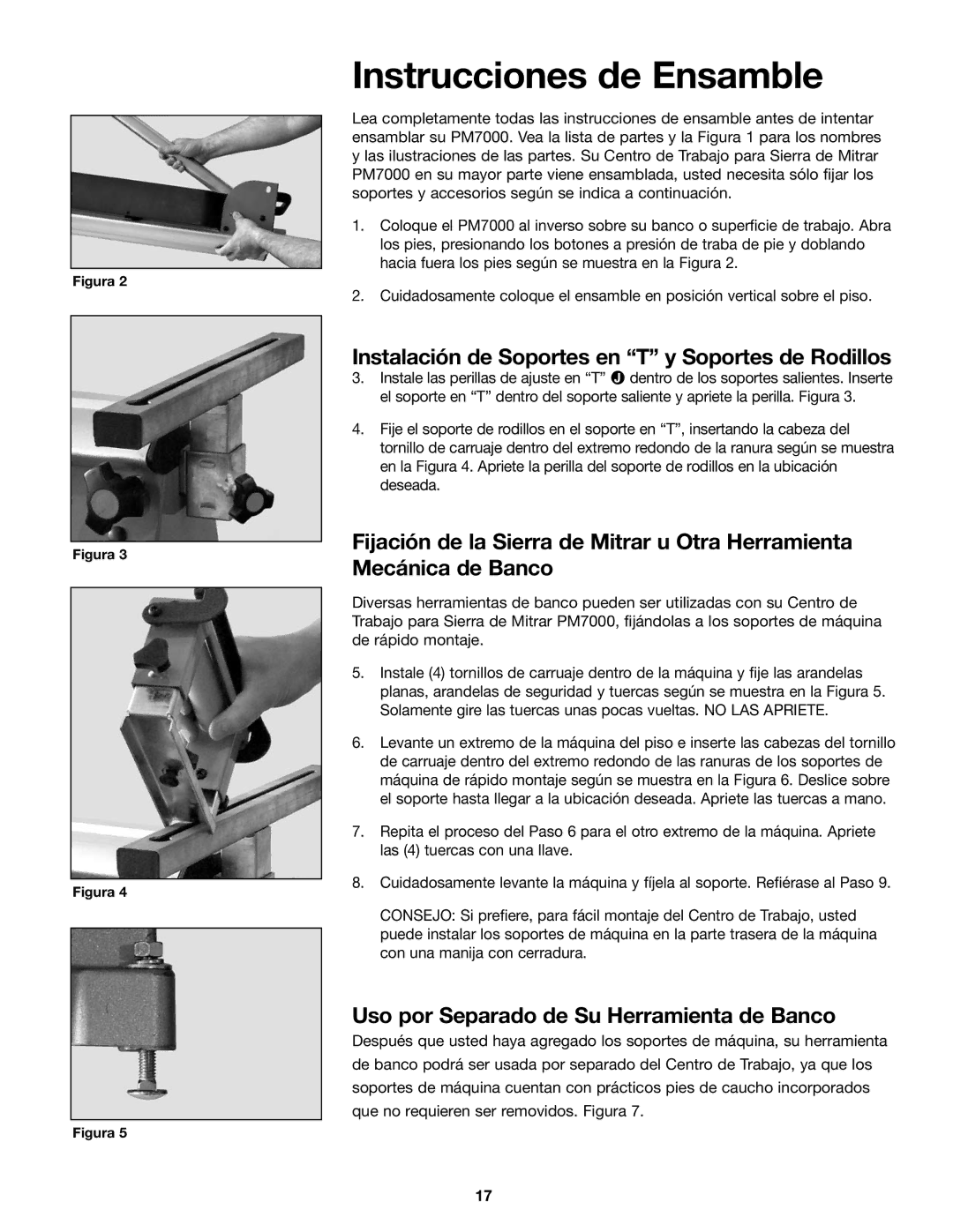 SLIK PM7000 manual Instrucciones de Ensamble, Instalación de Soportes en T y Soportes de Rodillos 