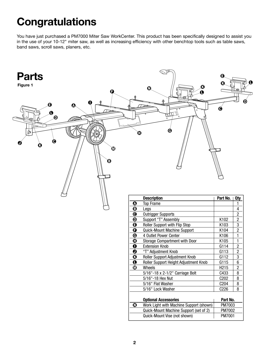 SLIK PM7000 manual Congratulations, Parts, Description, Optional Accessories 