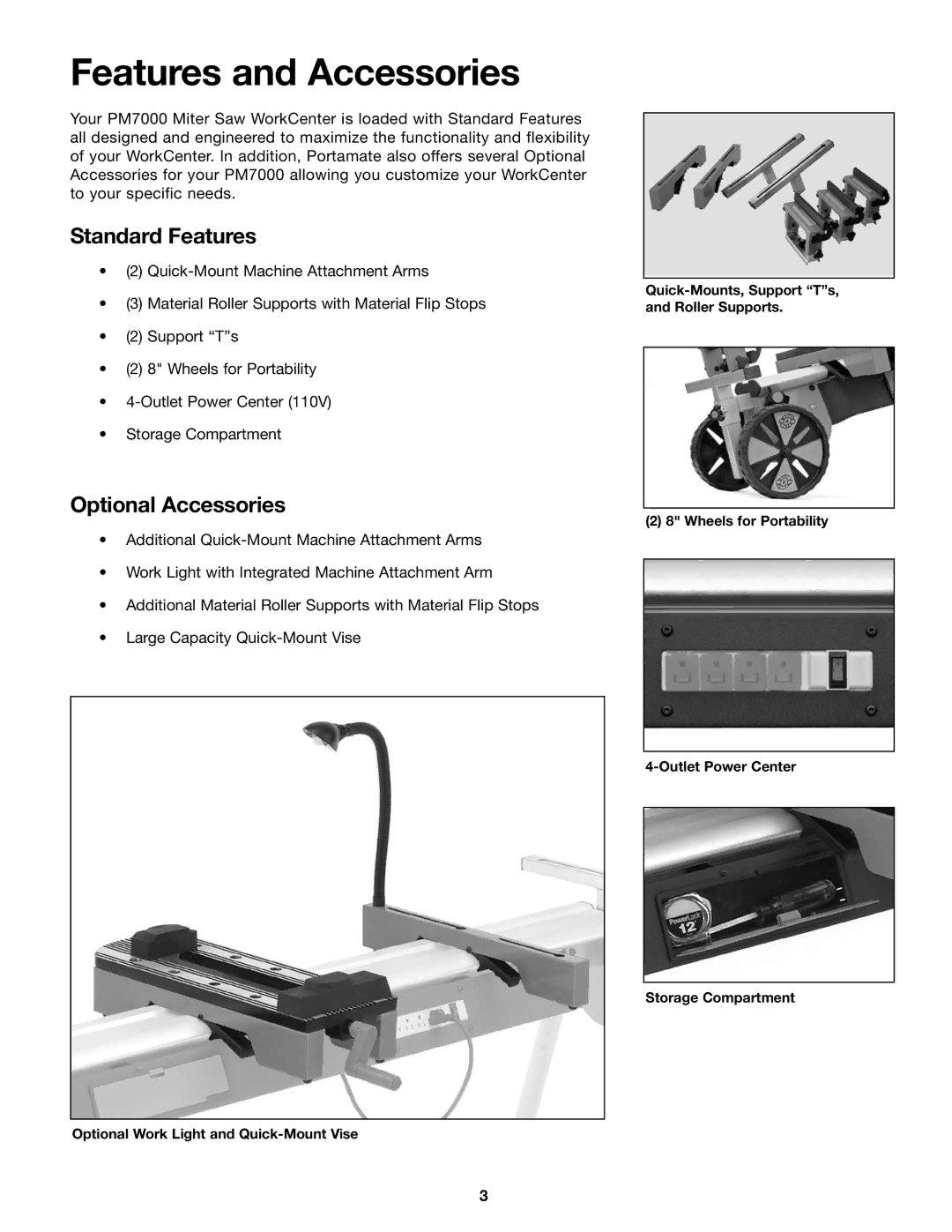 SLIK PM7000 manual Features and Accessories, Standard Features, Optional Accessories 