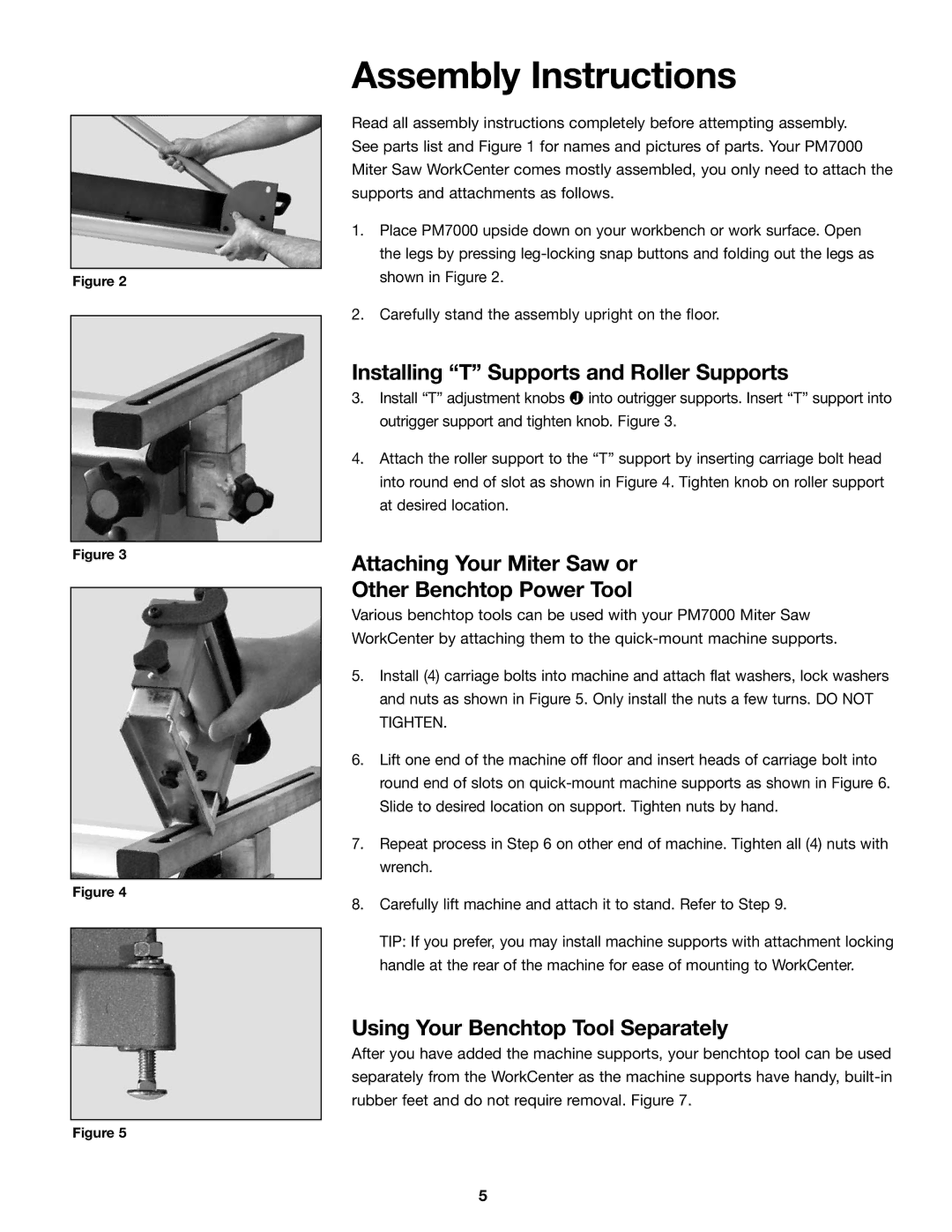 SLIK PM7000 manual Assembly Instructions, Installing T Supports and Roller Supports, Using Your Benchtop Tool Separately 