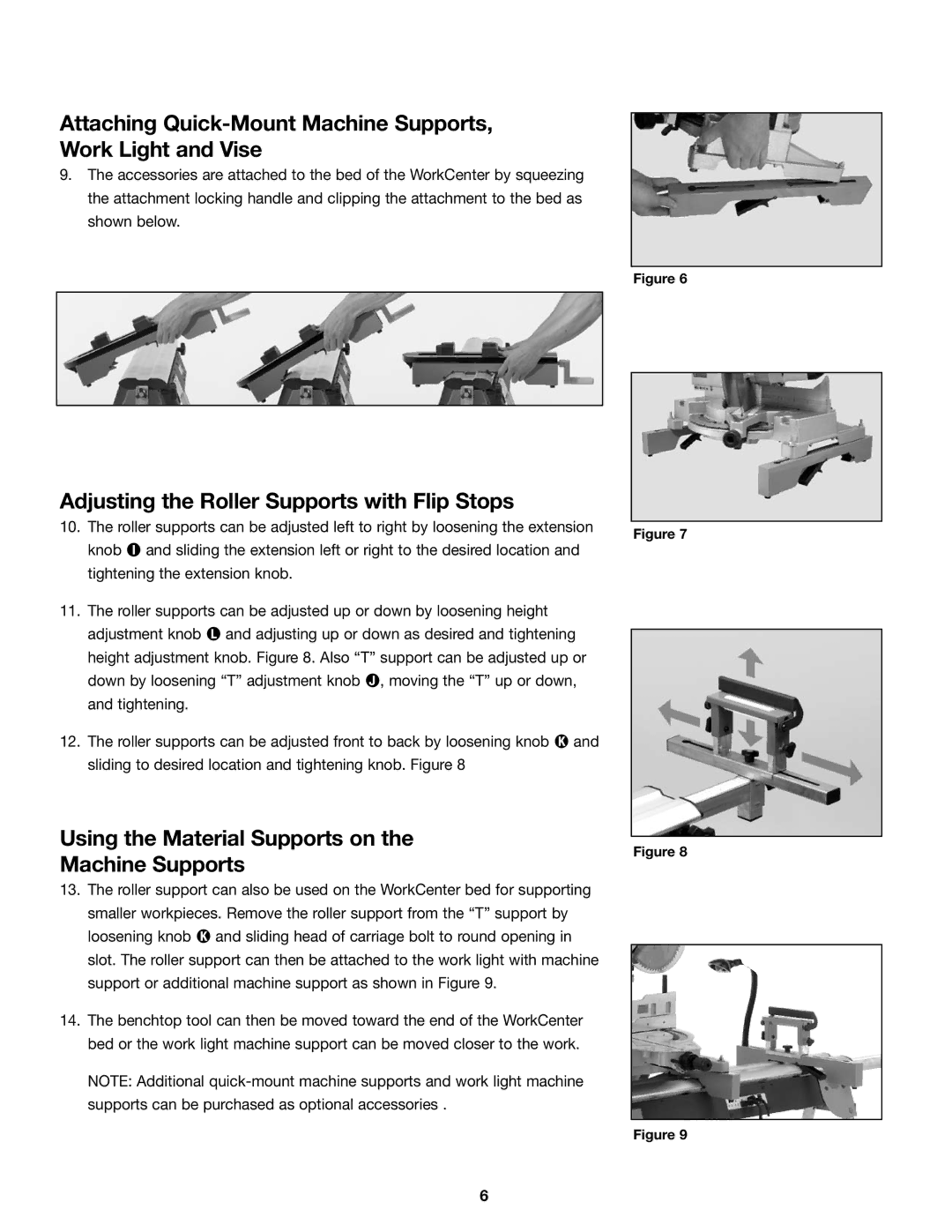 SLIK PM7000 Attaching Quick-Mount Machine Supports, Work Light and Vise, Adjusting the Roller Supports with Flip Stops 