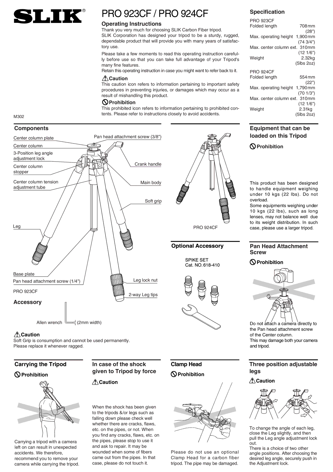 SLIK PRO 923CF manual Operating Instructions, Specification, Components, Accessory, Pan Head Attachment Screw, Legs 