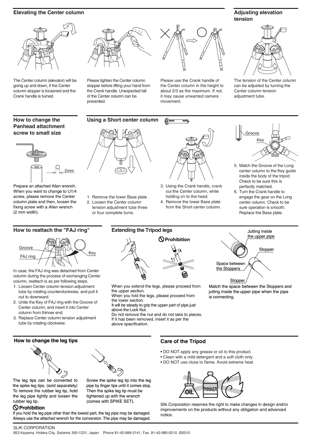 SLIK PRO 924CF, PRO 923CF Elevating the Center column Adjusting elevation Tension, Care of the Tripod, Slik Corporation 