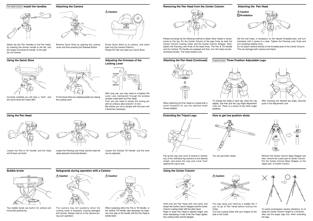 SLIK pro700dx tripod manual Install the handles Attaching the Camera, Three Position Adjustable Legs, Using the Pan Head 
