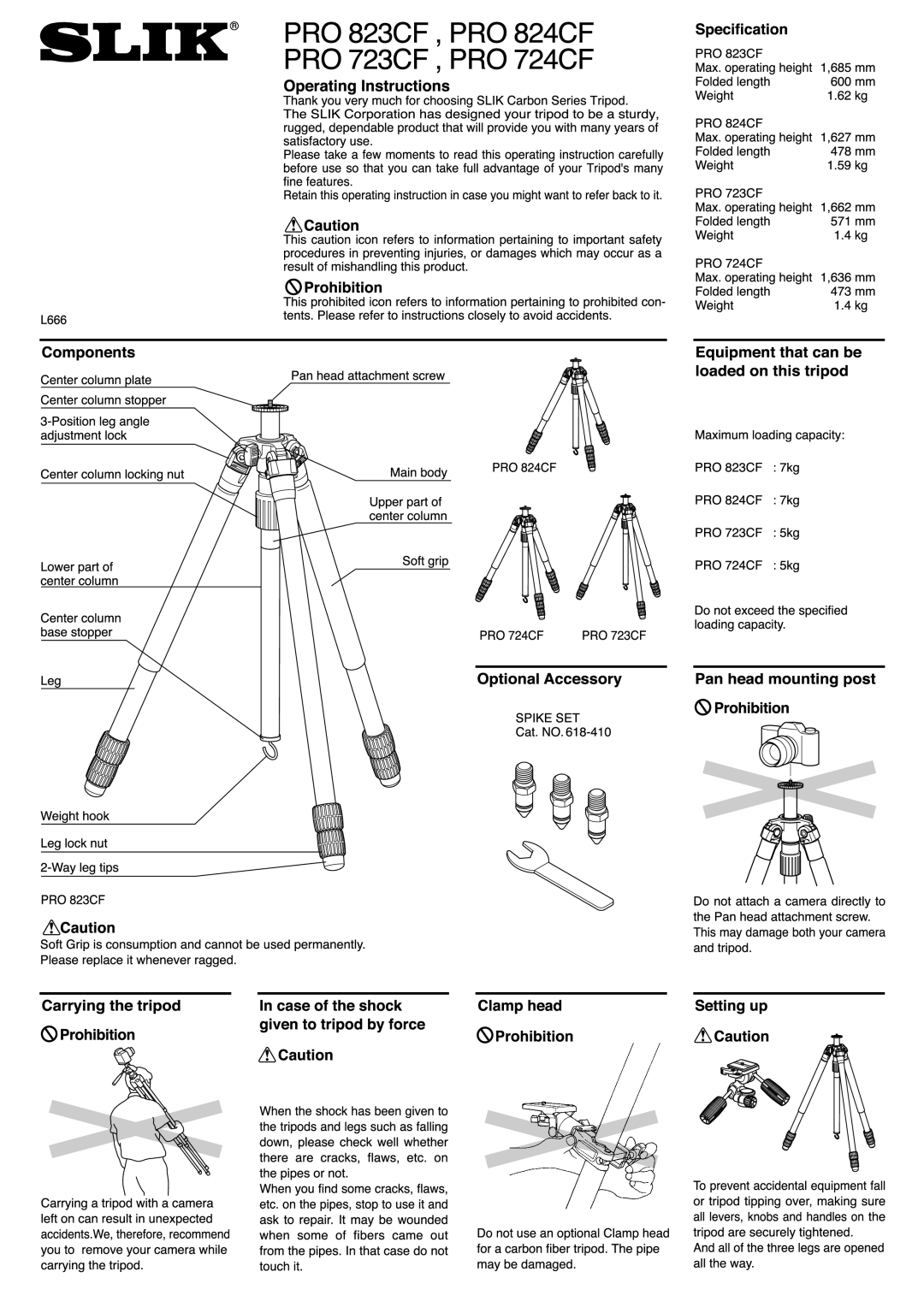 SLIK pro823cf, pro824cf, pro724cf, pro723cf manual 