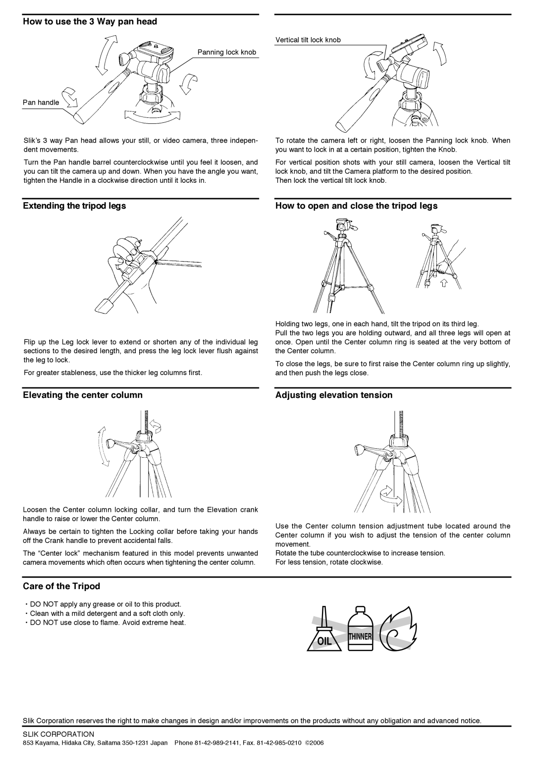 SLIK U 8000 How to use the 3 Way pan head, Elevating the center column Adjusting elevation tension, Care of the Tripod 