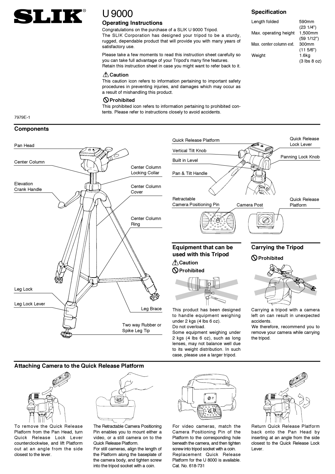 SLIK U9000 manual Operating Instructions, Specification, Components, Attaching Camera to the Quick Release Platform 