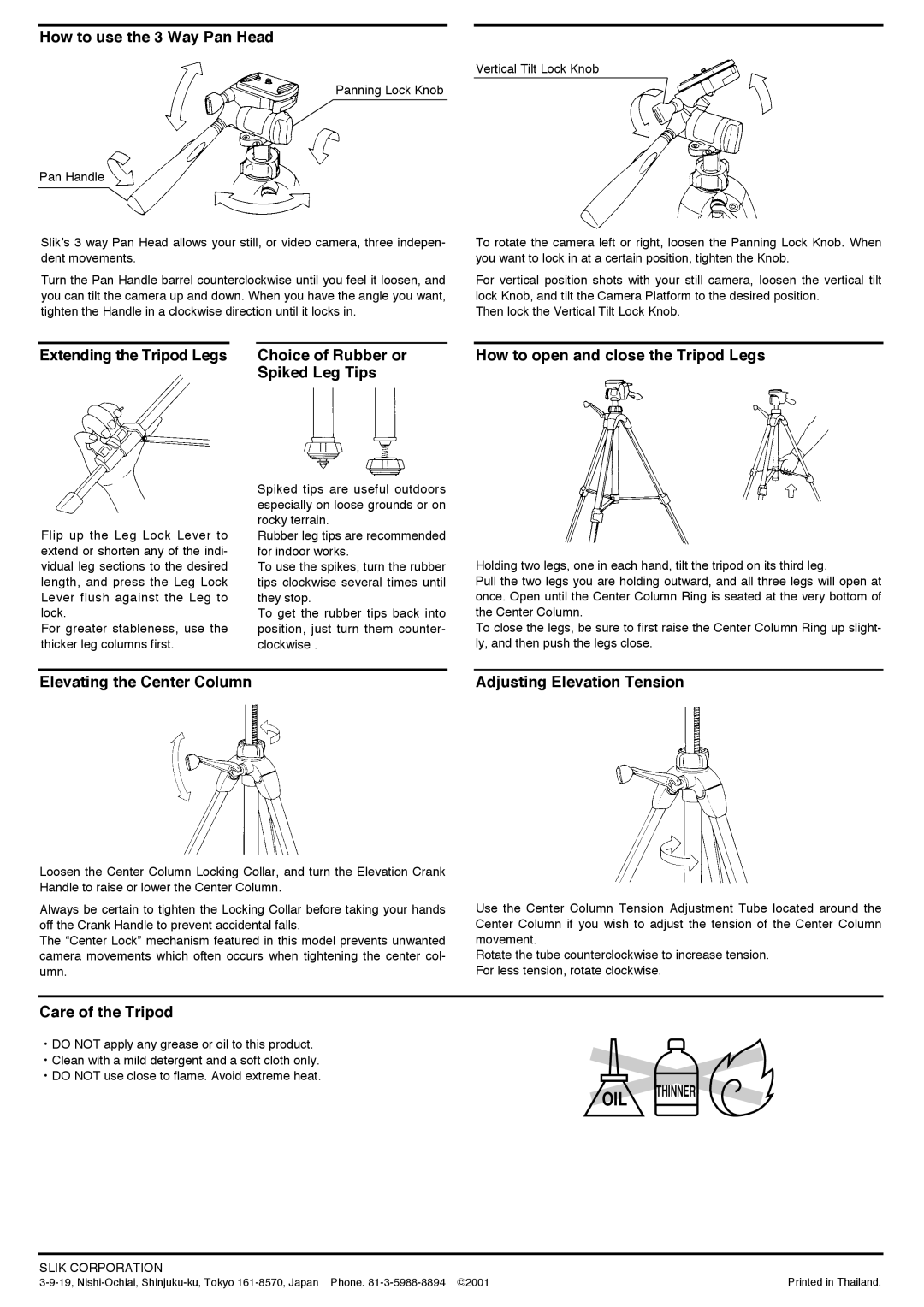 SLIK U9000 How to use the 3 Way Pan Head, Elevating the Center Column Adjusting Elevation Tension, Care of the Tripod 