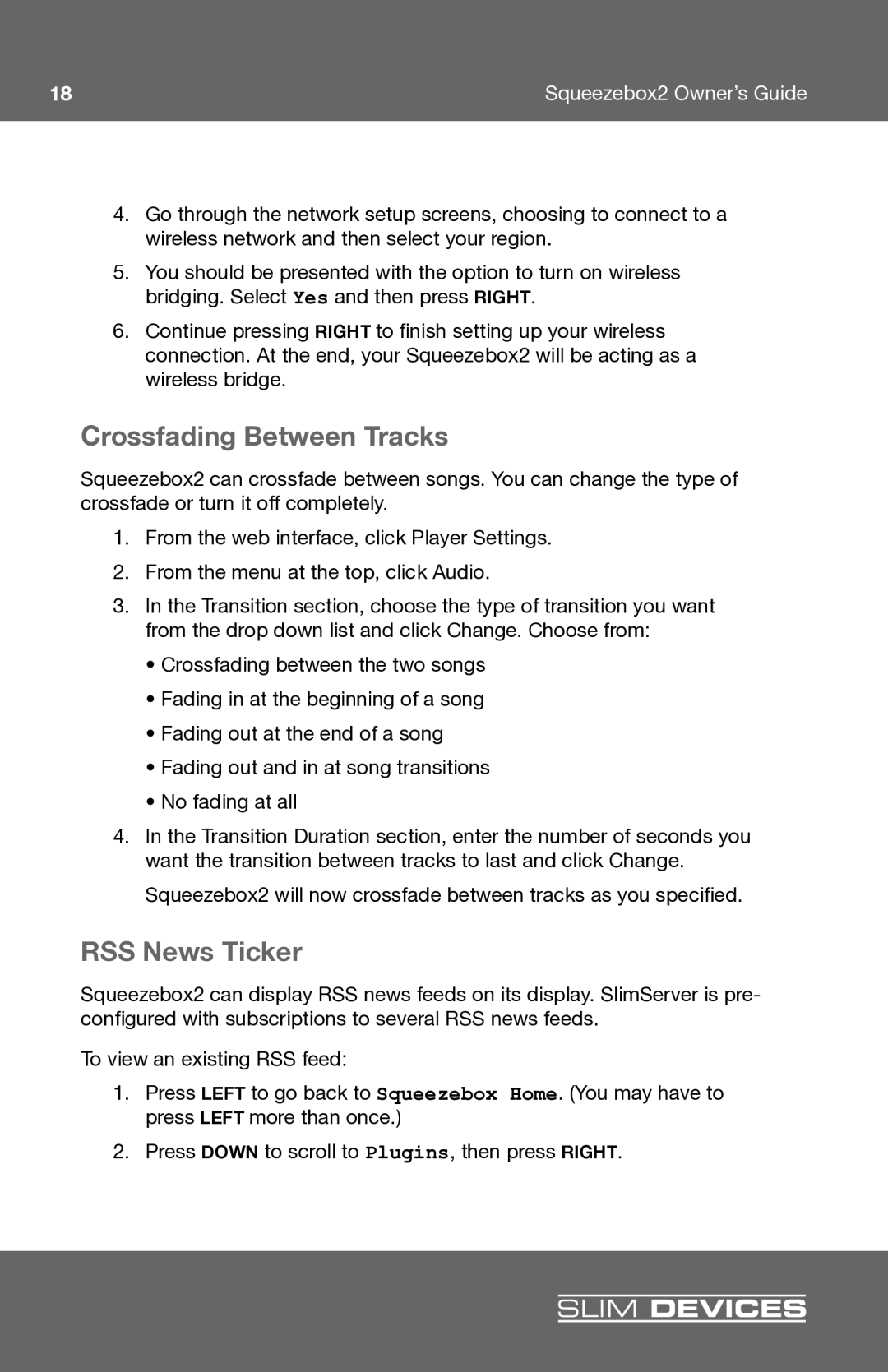 Slim Devices 2 manual Crossfading Between Tracks, RSS News Ticker 