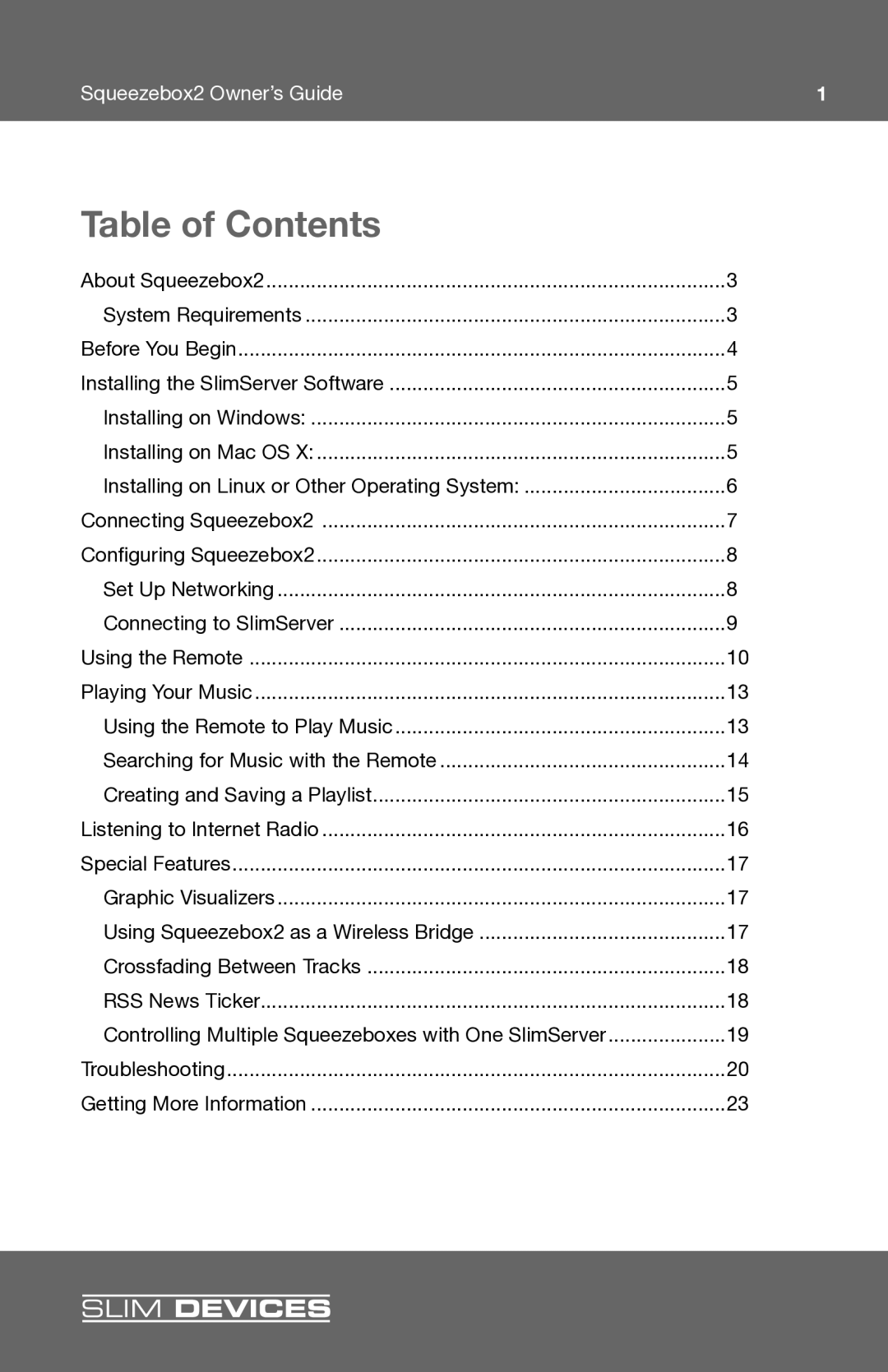 Slim Devices 2 manual Table of Contents 