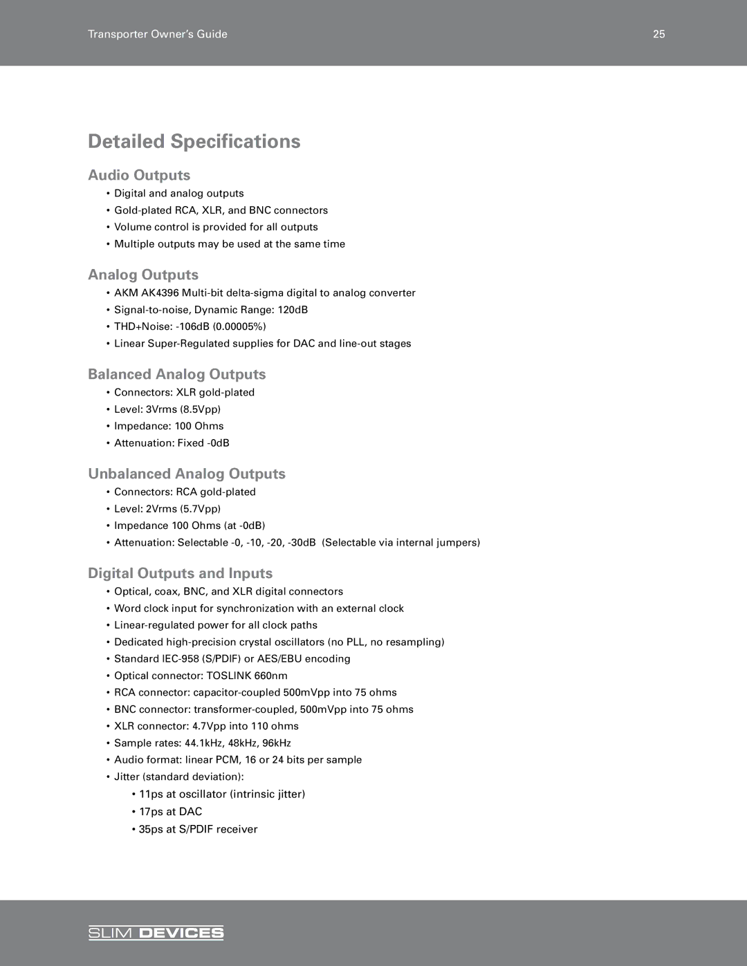 Slim Devices SLIM DEVICES manual Detailed Specifications, Audio Outputs, Balanced Analog Outputs, Unbalanced Analog Outputs 