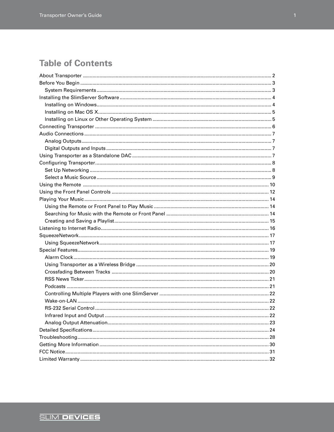 Slim Devices SLIM DEVICES manual Table of Contents 