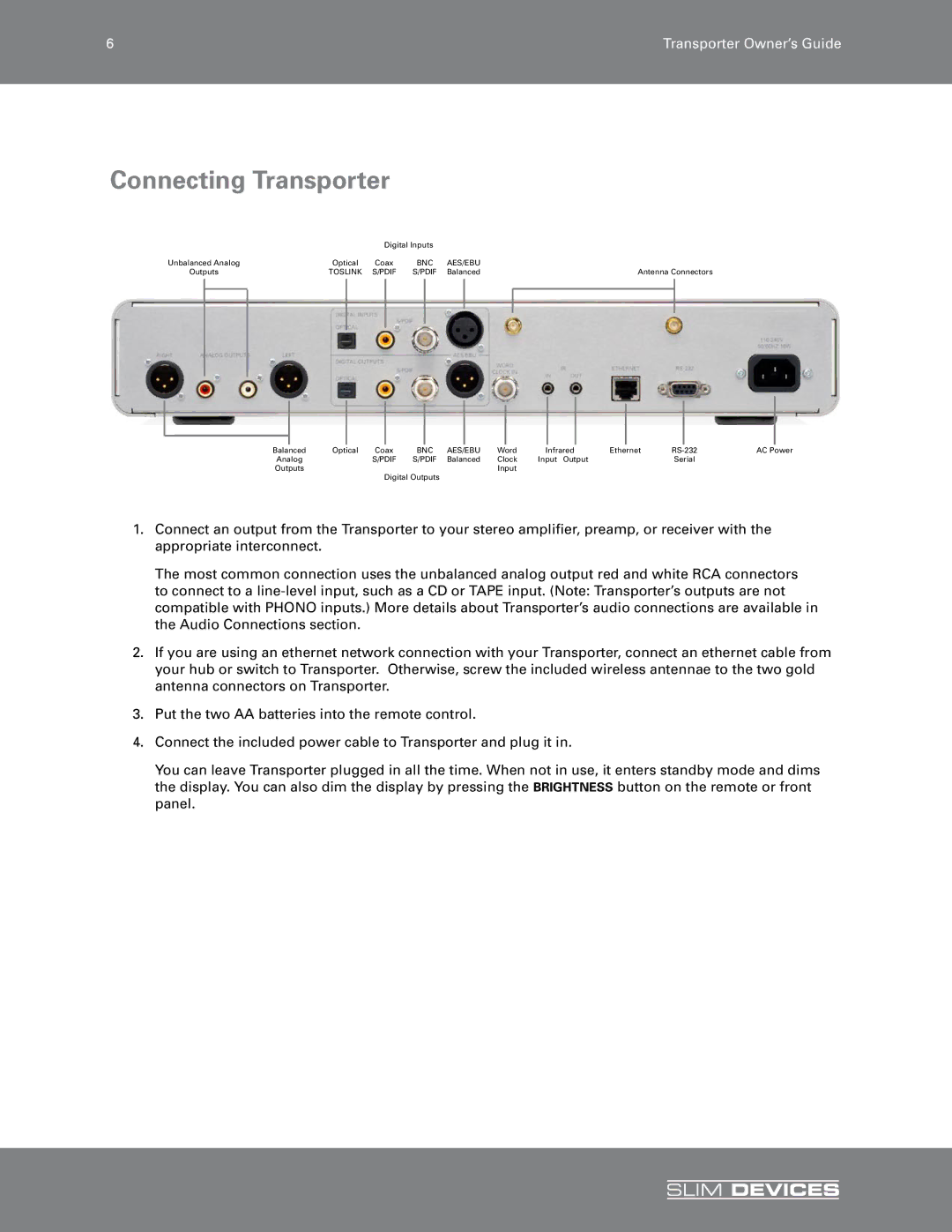 Slim Devices SLIM DEVICES manual Connecting Transporter 