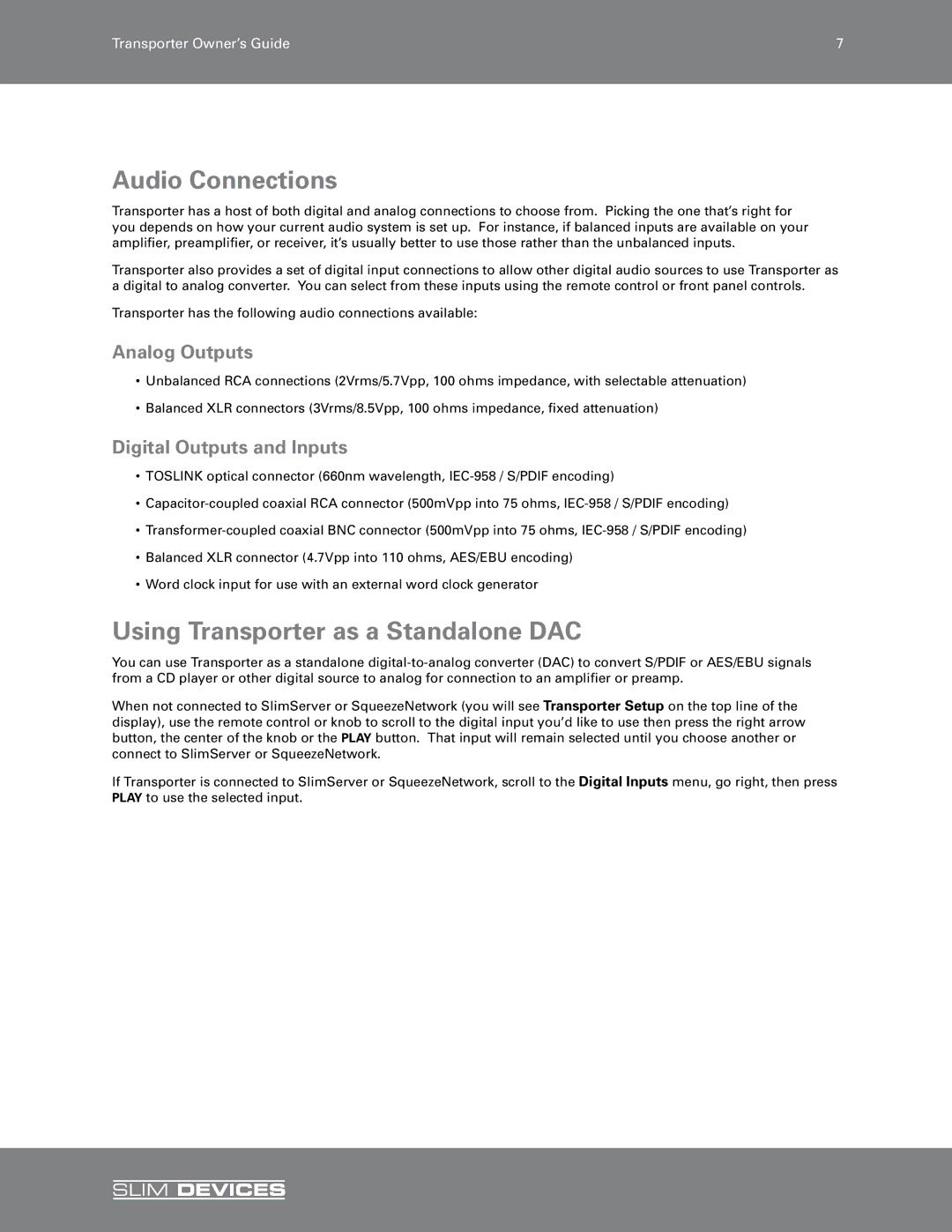 Slim Devices SLIM DEVICES manual Audio Connections, Using Transporter as a Standalone DAC, Analog Outputs 