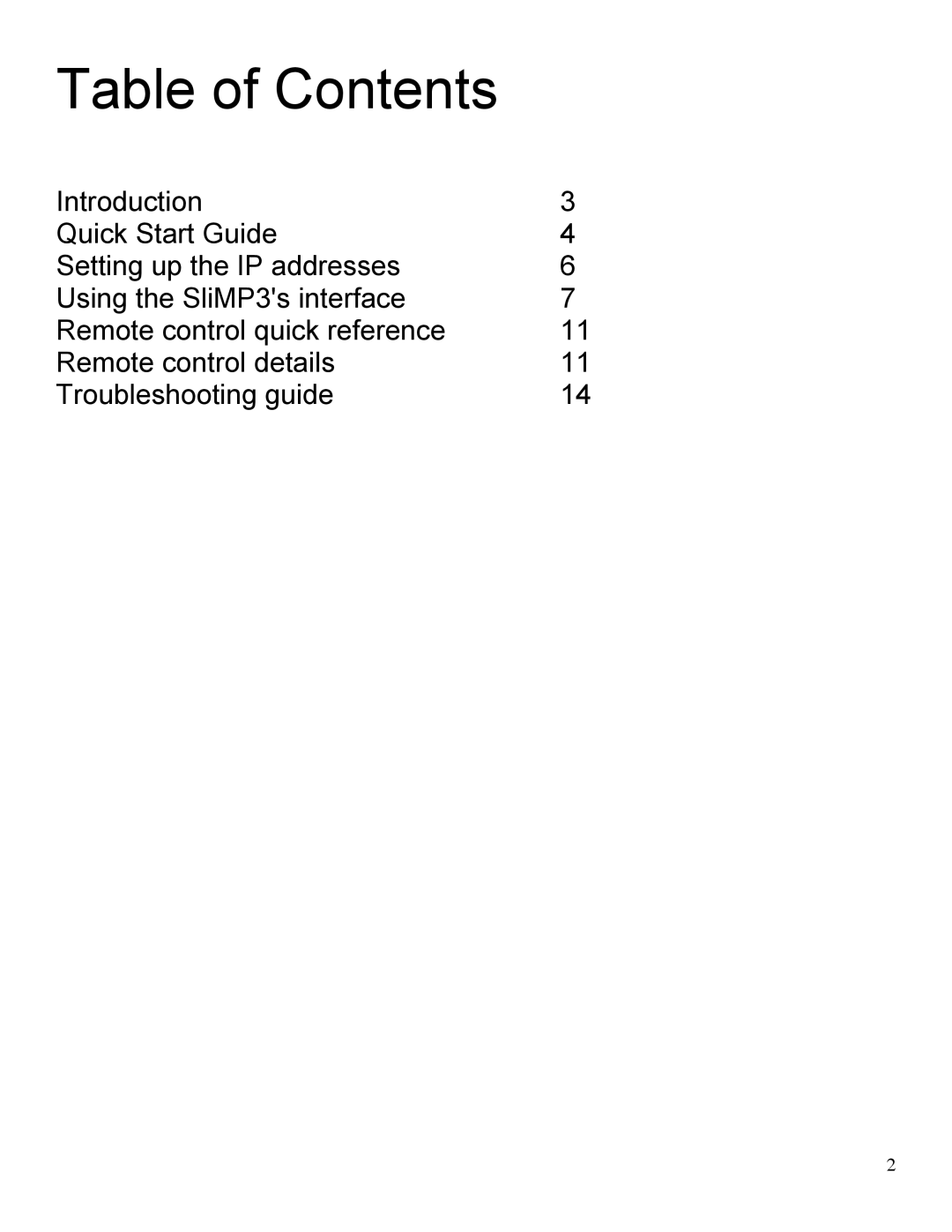 Slim Devices SliMP3 owner manual Table of Contents 