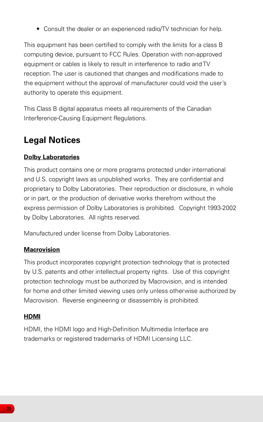 Sling Media KSAFF0500400W1US manual Legal Notices, Dolby Laboratories, Macrovision 